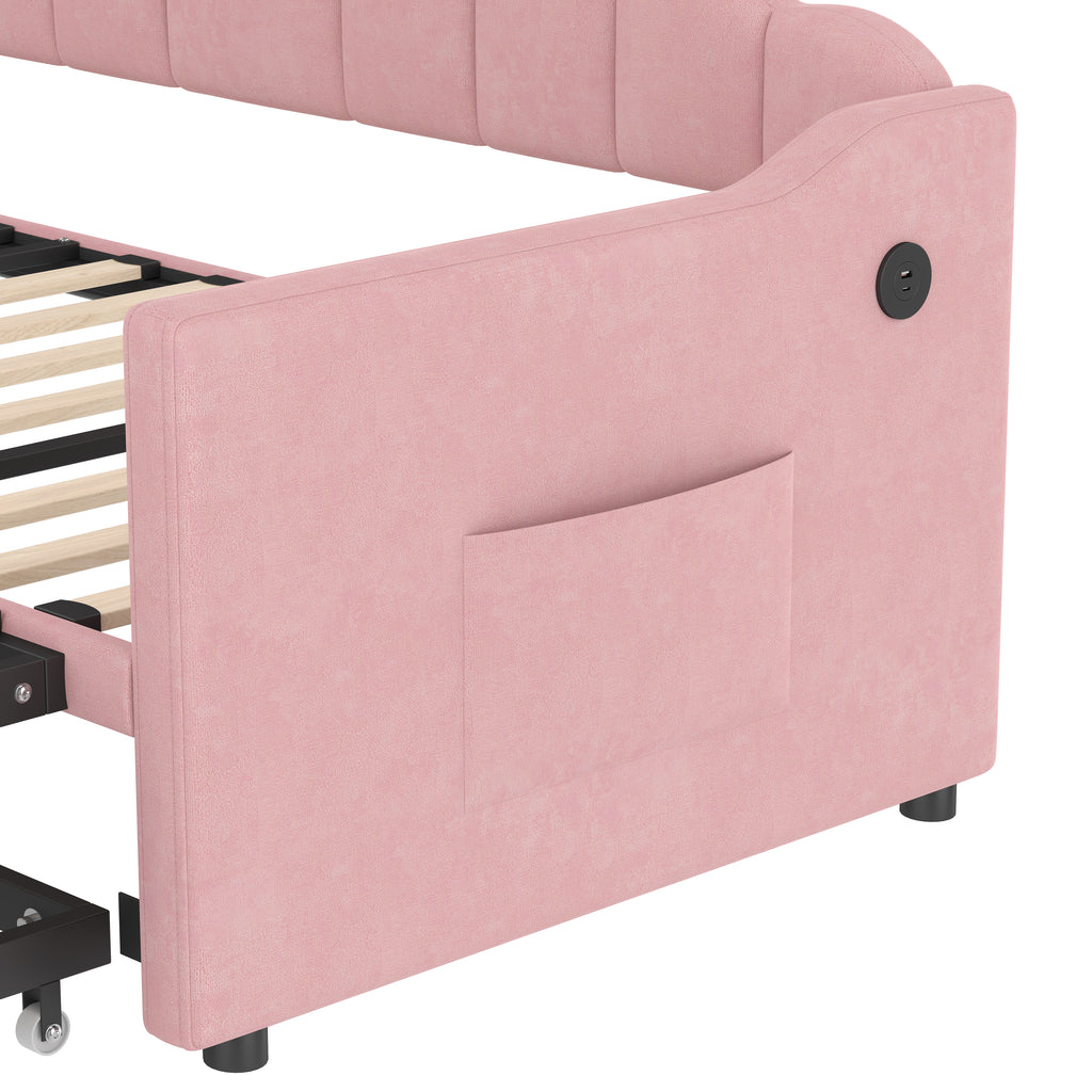 Upholstered Twin Size Daybed Bed with Charging Station & 2 Side Pockets,Velvet Daybed Frame with Adjustable Height Pop Up Trundle for Guest Room, Home Office,Pink