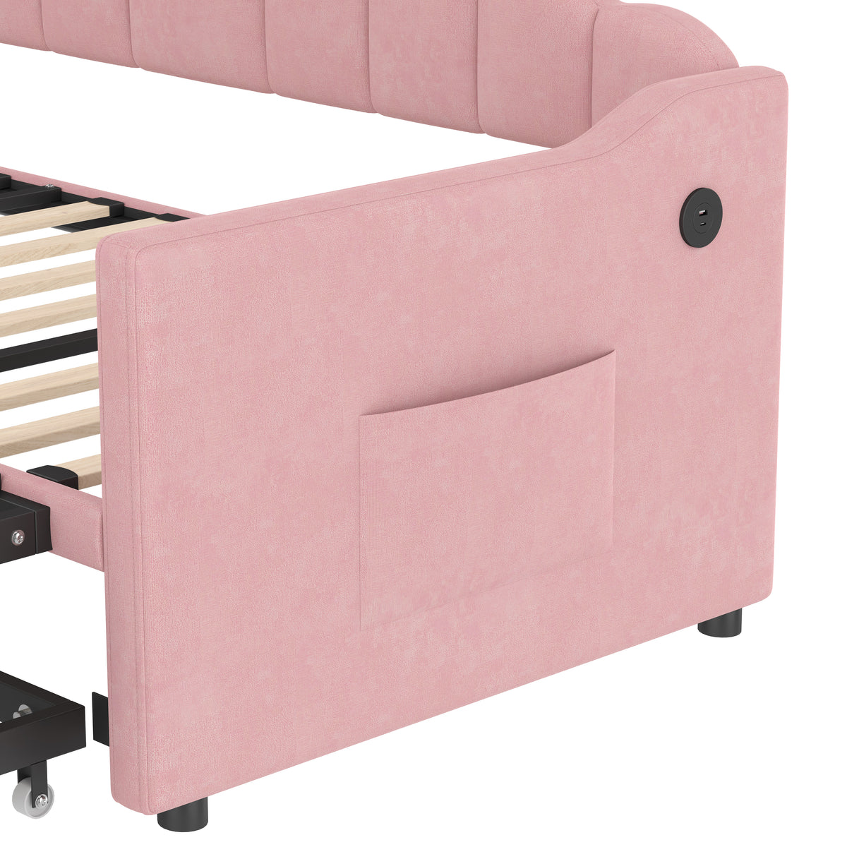 Upholstered Twin Size Daybed Bed with Charging Station & 2 Side Pockets,Velvet Daybed Frame with Adjustable Height Pop Up Trundle for Guest Room, Home Office,Pink