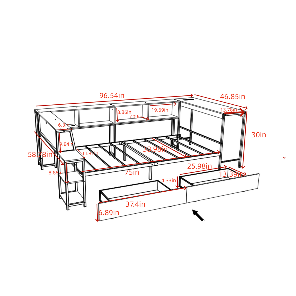 Full Size Corner Bed Frame with Bookcase & 2 Underbed Storage Drawers, Modern Bed with LED Light and Charging Station, Left and Right Interchangeable,Black