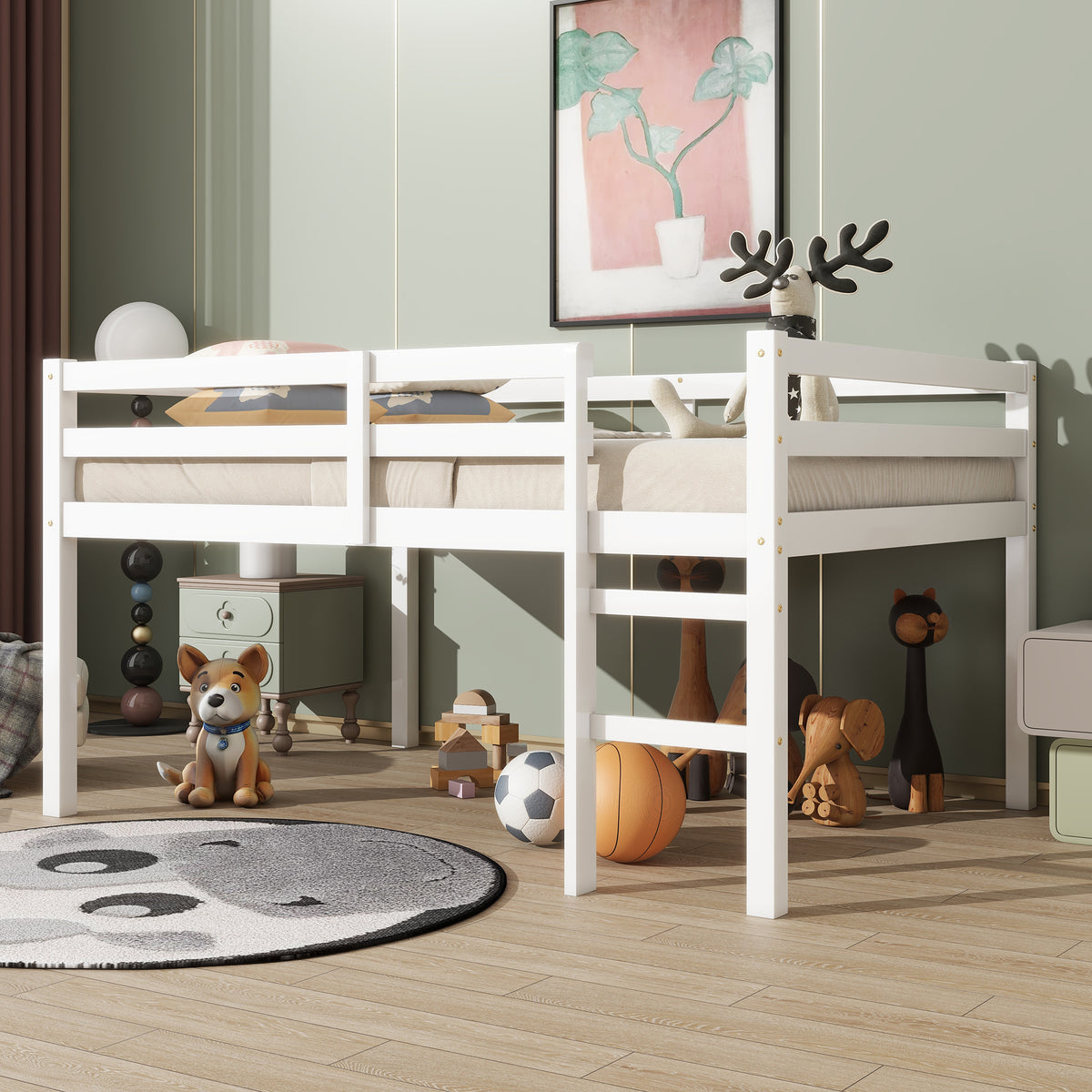 Full Low Loft Bed Frame, Solid Wood Elevated Bed with Guardrail, Space Saving Loft Bed for Bedroom, White