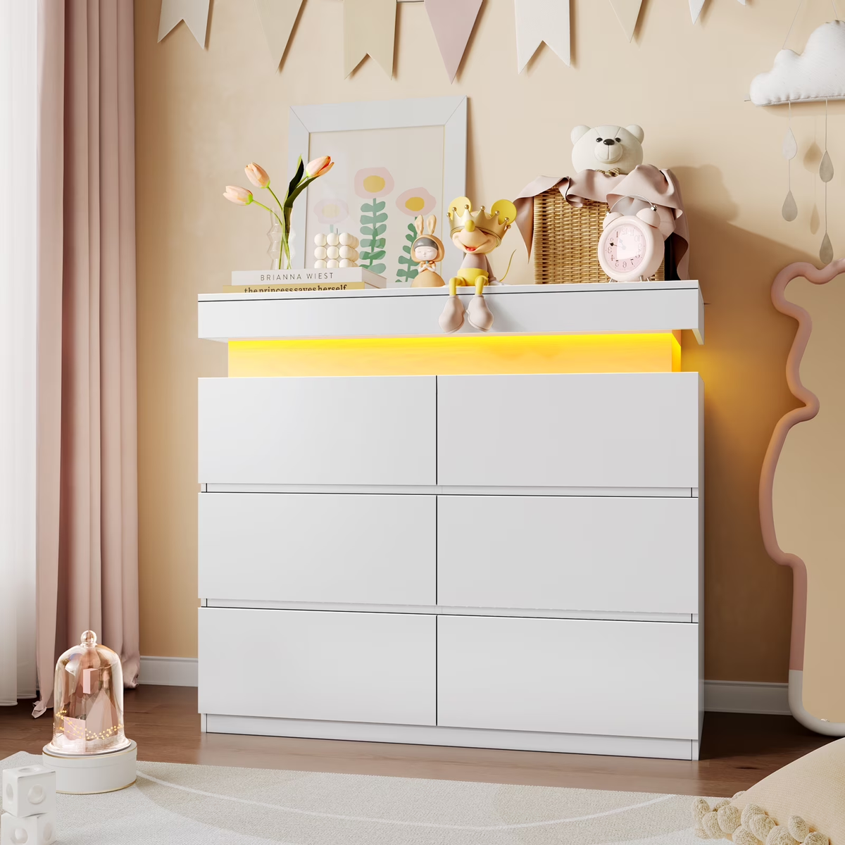 NYBOPAVIS 6 Drawer Dresser with Led Lights, 39" Wide White Wooden Dresser for Bedroom, Modern Chest of Drawers with Power Outlet & Flip Top Storage for Closet, Living Room, Entryway, Hallway