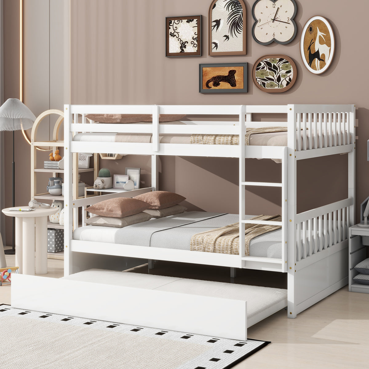 Full Bunk Bed with Pull-Out Trundle, Convertible Bunk Bed to 2 Single Beds, Solid Wood Bed Frame with Ladder & Guardrail, White