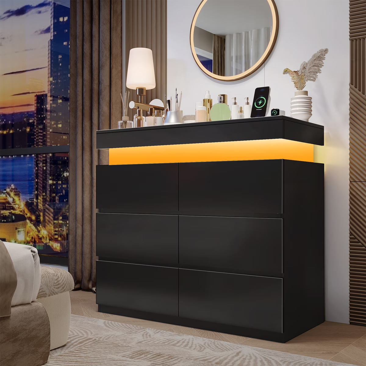 NYBOPAVIS 6 Drawer Dresser for Bedroom, 39" Wide Black Wooden Dresser for Clothes, Modern Chest of Drawers with Flip Top Storage, LED Lights & Charging Station for Closet, Living Room, Entryway