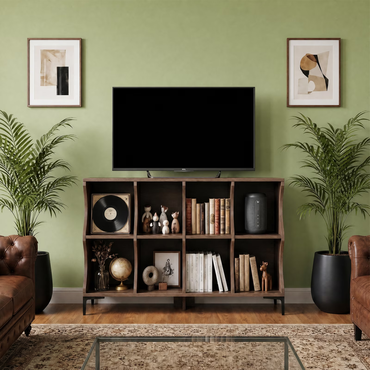 NYBOPAVIS 49.6 Inch Horizontal Bookshelf, 8-Cube Storage Organizer with Base, 2-Tier Wooden Low Bookcase for Living Room, Bedroom, Home Office, Walnut