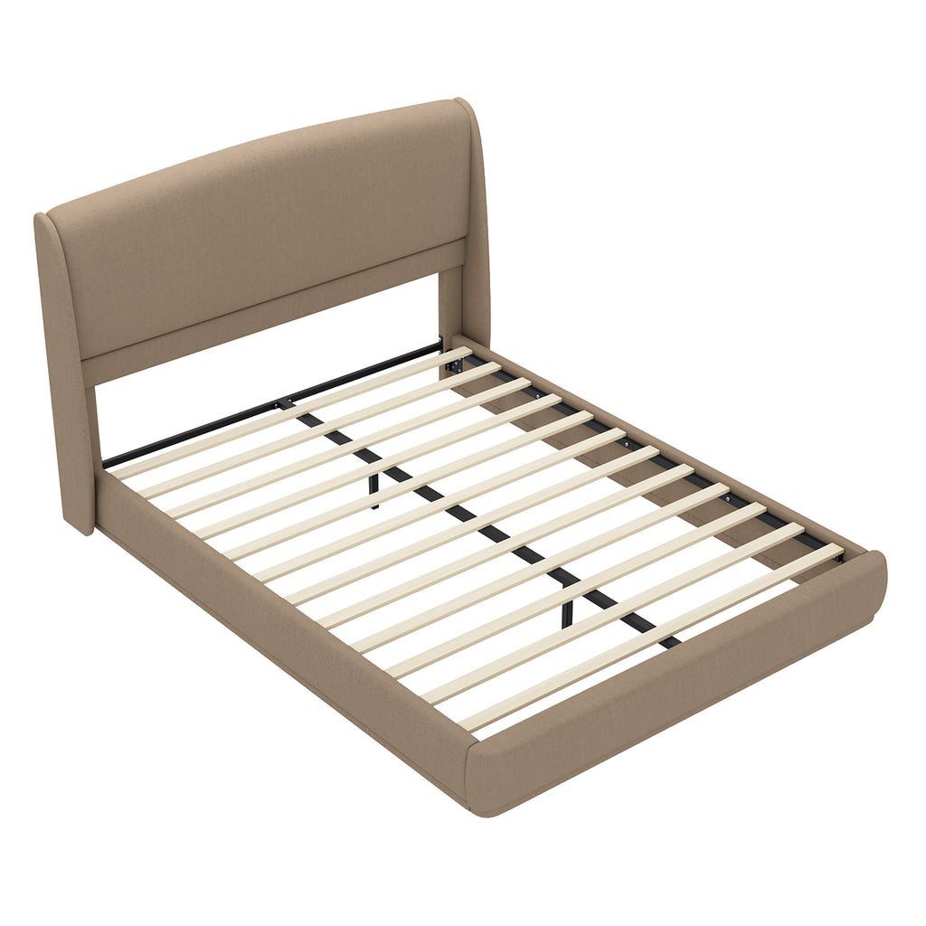 NYBOPAVIS Queen Size Upholstered Bed Frame with Wingback Headboard, Wooden Frame with Brown Linen Fabric, No Box Spring Needed, Easy Assembly