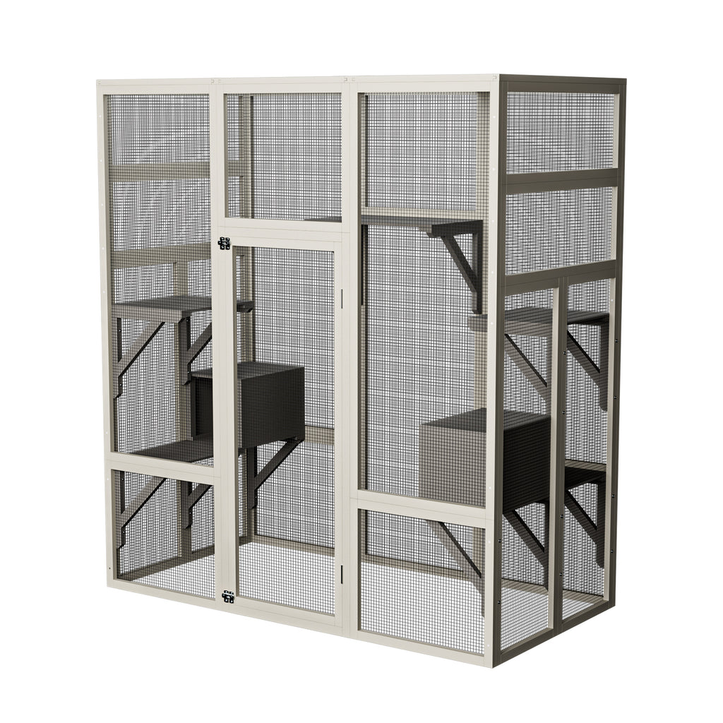 Outdoor Wooden Cat House Large Catio, Solid Wood Cat Cage Shelter Enclosure Playpen with Anti-UV& Waterproof, 5 Platforms and 2 Resting Boxes, Gray