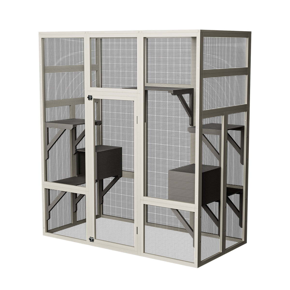 Outdoor Wooden Cat House Large Catio, Solid Wood Cat Cage Shelter Enclosure Playpen with Anti-UV& Waterproof, 5 Platforms and 2 Resting Boxes, Gray