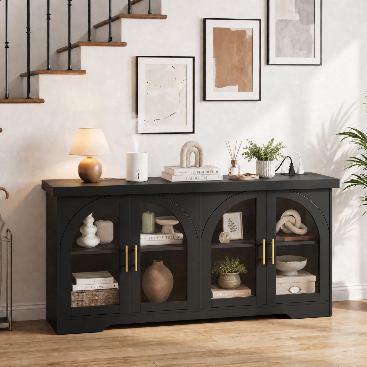 Arched Buffet Cabinet with Power Outlet & LED Lights, Kitchen Side Storage Organizer with Adjustable Shelves for Living Room, Kitchen,Entryway,Black