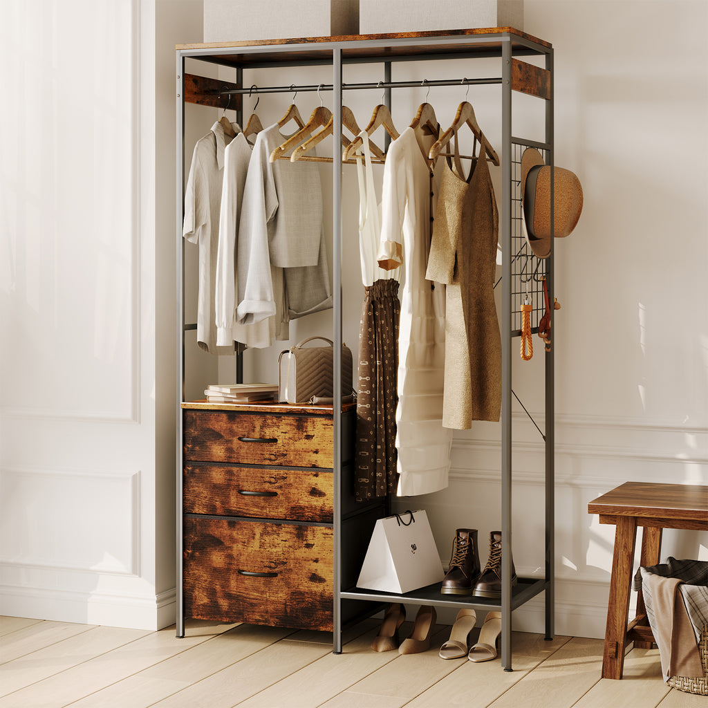 Dresser with LED Hanging Rack & 8 Drawers with LED Lights,with Shoe & Storage Shelf for Bedroom,living room,Brown