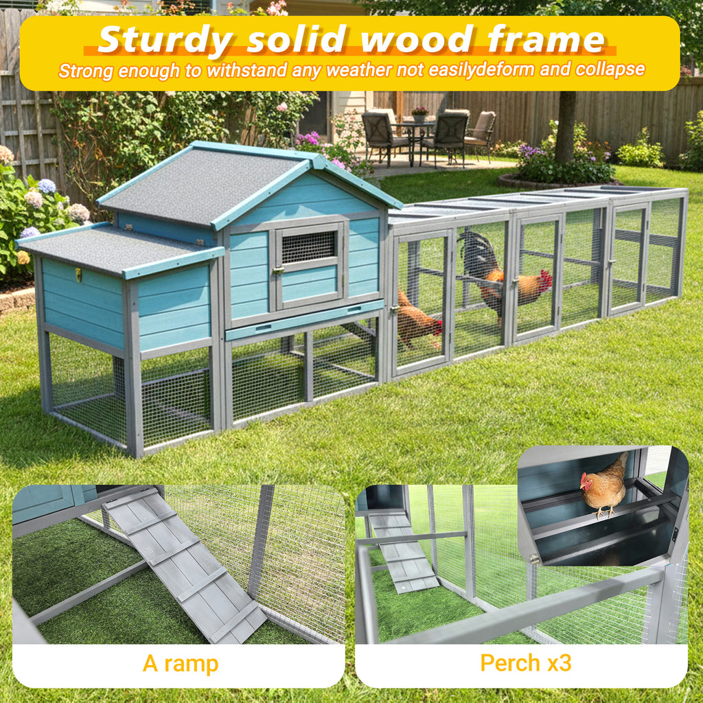 141＂Large Wooden Chicken Coop,21.2ft² Outdoor Hen House with Nesting Box,Wire Fence, Waterproof & Anti-UV Panel,Poultry Cage