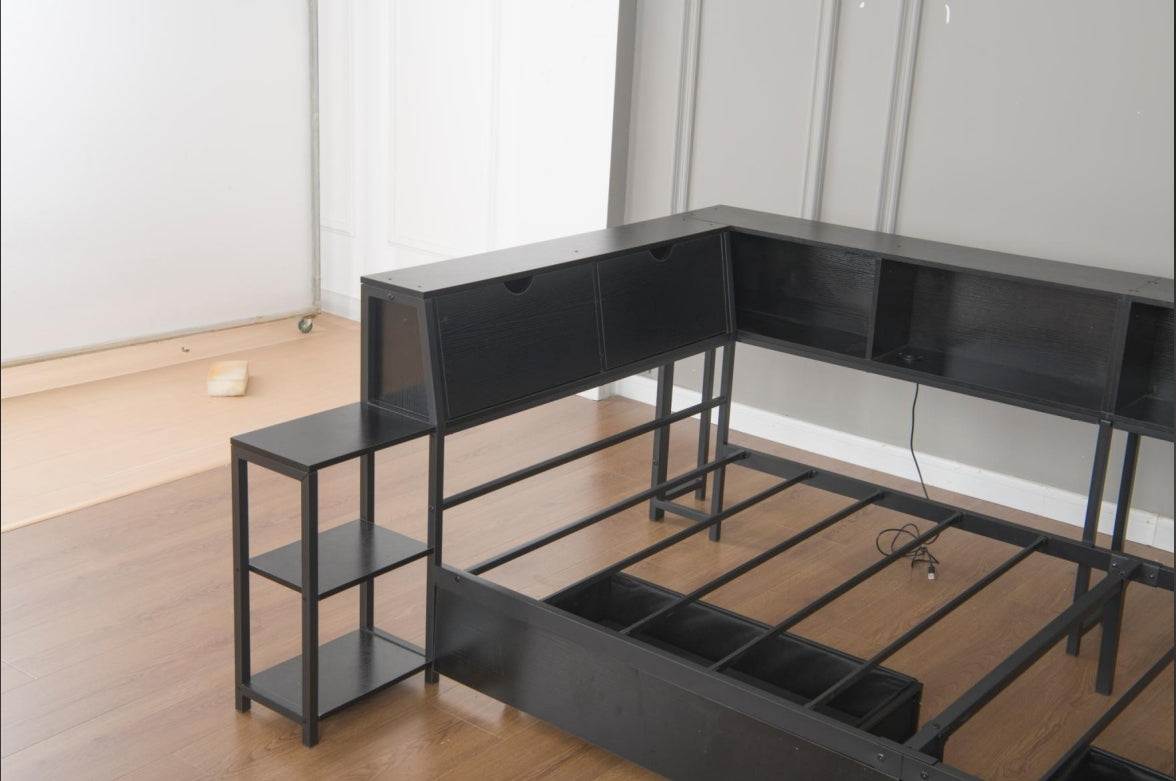 Twin Size Corner Bed Frame with Bookcase & 2 Underbed Storage Drawers, Modern Bed with LED Light and Charging Station, Left and Right Interchangeable, Black