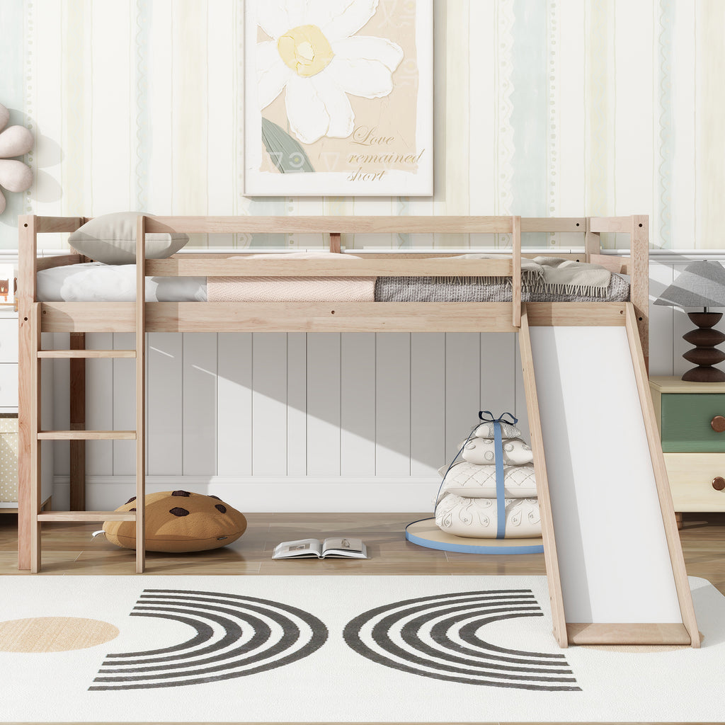 Twin Loft Bed with Slide, Solid Wood Elevated Bed Frame, Space Saving Loft Bed for Small Space Bedroom, Natural