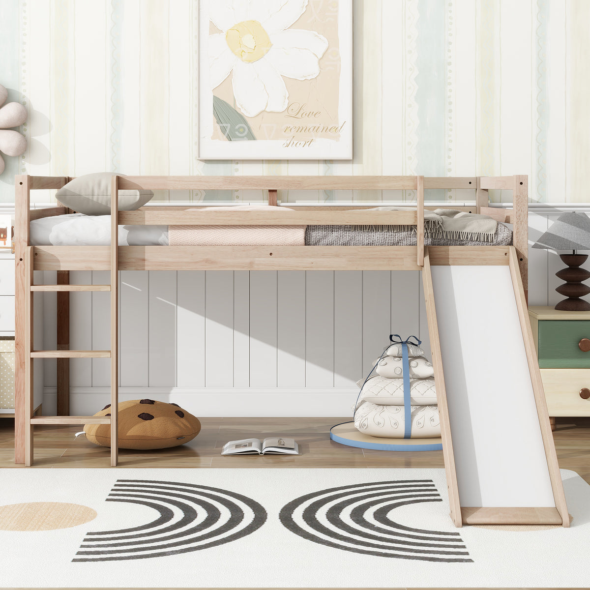 Twin Loft Bed with Slide, Solid Wood Elevated Bed Frame, Space Saving Loft Bed for Small Space Bedroom, Natural