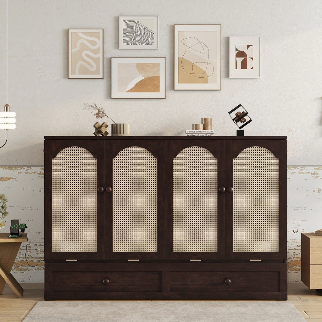 Queen Size Murphy Bed with Charging Station and 2 Storage Drawers, Pine Wood Folding Cabinet Bed, Equipped with 6 Moving Wheels, Space-Saving Hidden Wall Bed for Guest Room, Home Office,Espresso