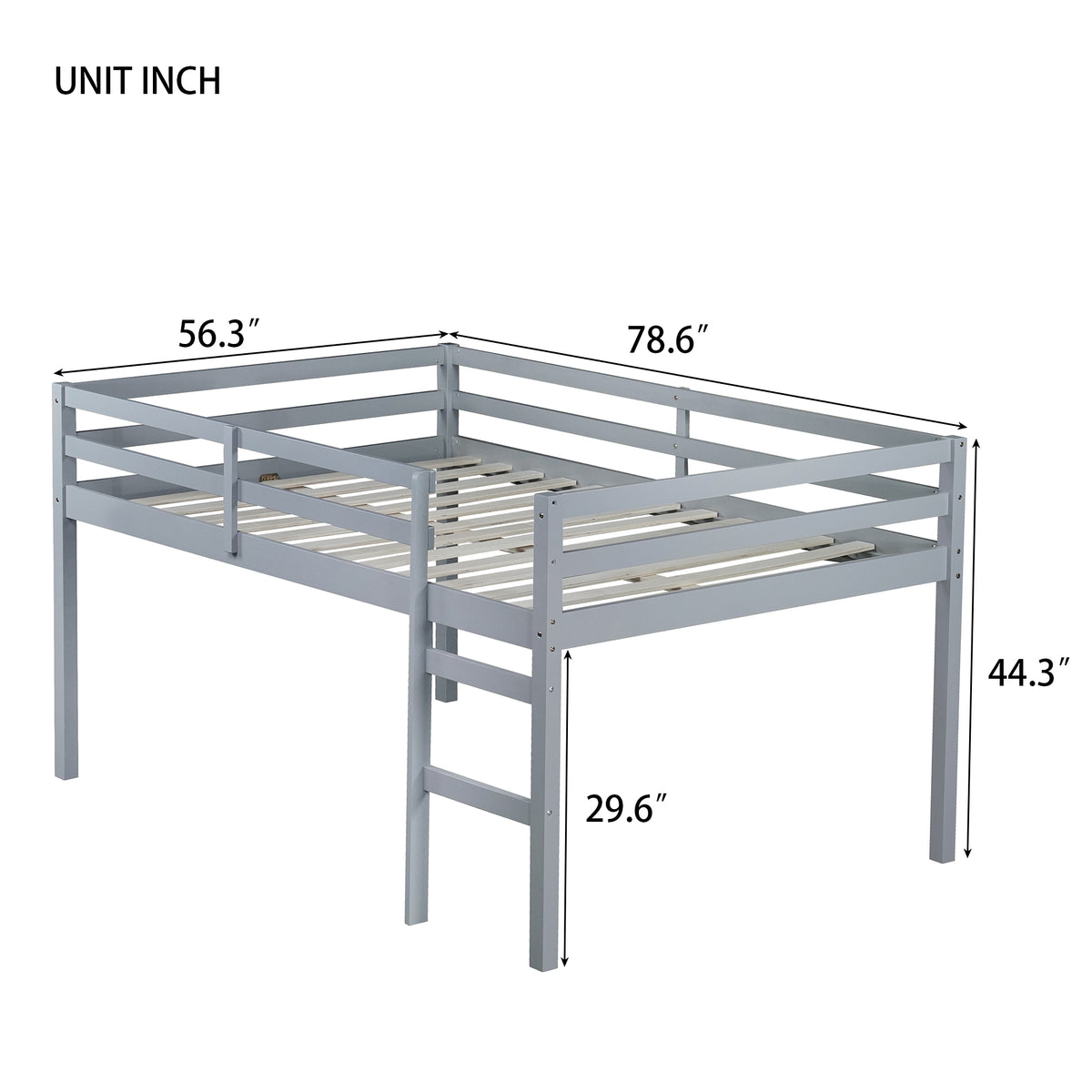 Full Low Loft Bed Frame, Solid Wood Elevated Bed with Guardrail, Space Saving Loft Bed for Bedroom, Gray