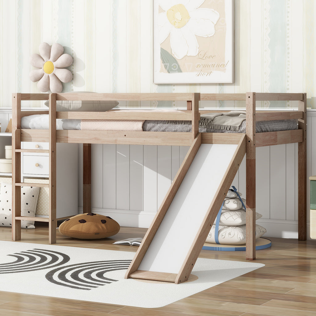 Twin Loft Bed with Slide, Solid Wood Elevated Bed Frame, Space Saving Loft Bed for Small Space Bedroom, Natural