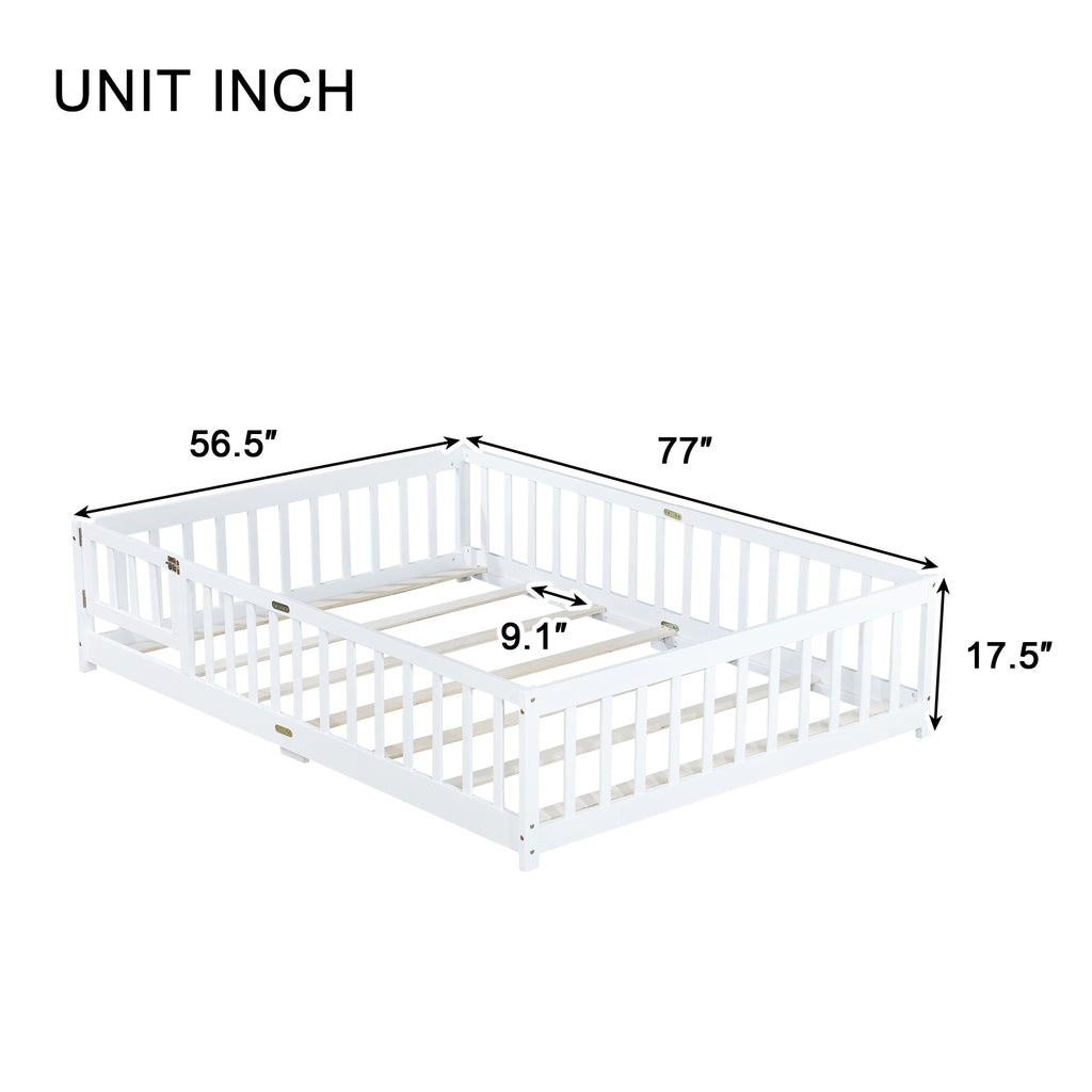 NYBOPAVIS Full Size Floor Bed with Fence&Door,Rubber Wood Floor Bed with Safety Guardrails, Montessori Bed Boys, Girls,White