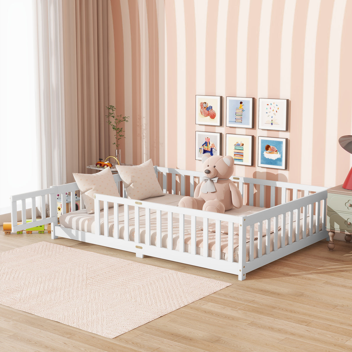 NYBOPAVIS Full Size Floor Bed with Fence&Door,Rubber Wood Floor Bed with Safety Guardrails, Montessori Bed Boys, Girls,White