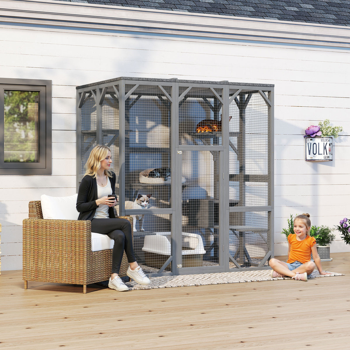 NYBOPAVIS 71" Catio Outdoor Cat Enclosure with 6 Platform, Outdoor Cats Enclosure with Waterproof Cover for Patio, Yard, Graden, Gray
