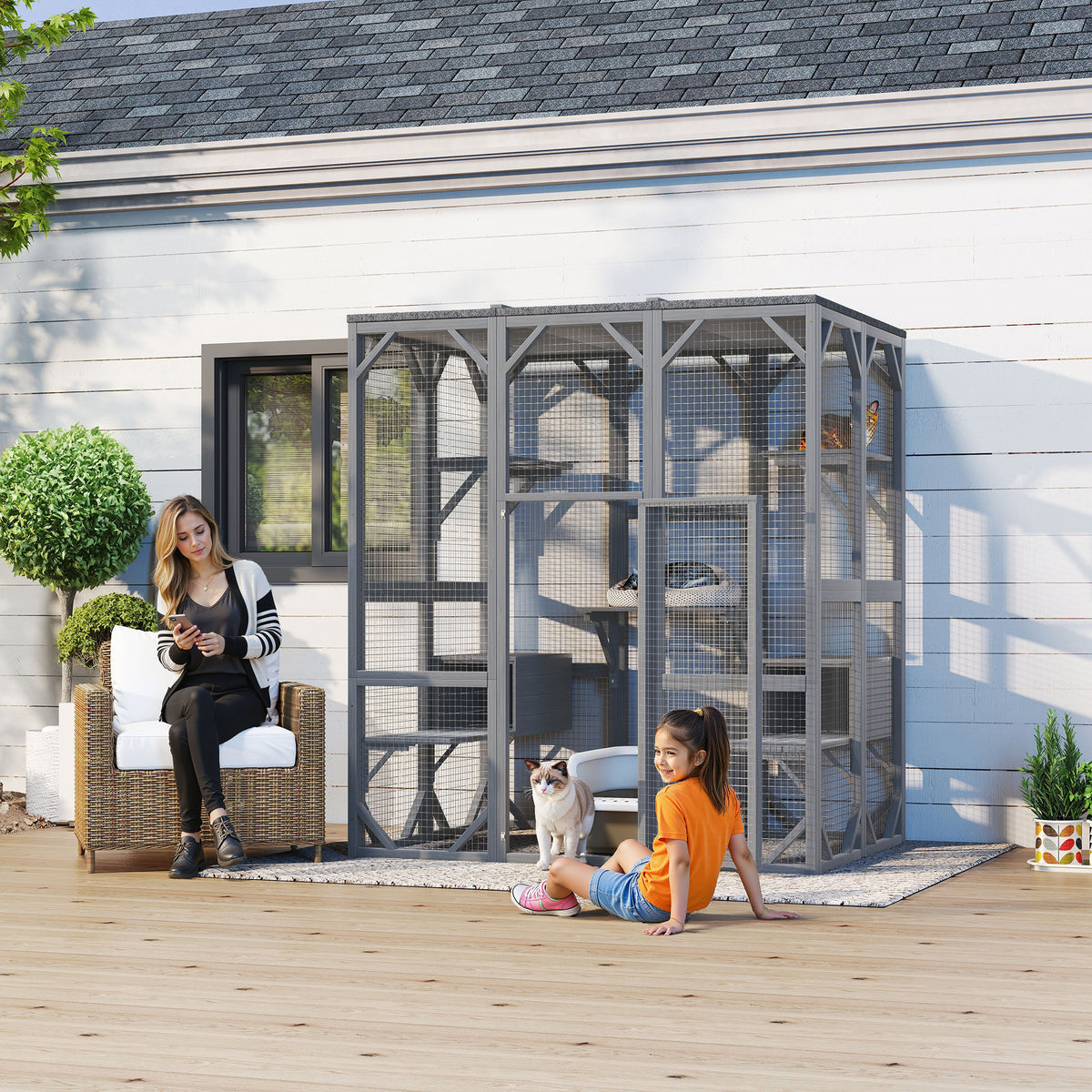 NYBOPAVIS 71" Catio Outdoor Cat Enclosure with 6 Platform, Outdoor Cats Enclosure with Waterproof Cover for Patio, Yard, Graden, Gray