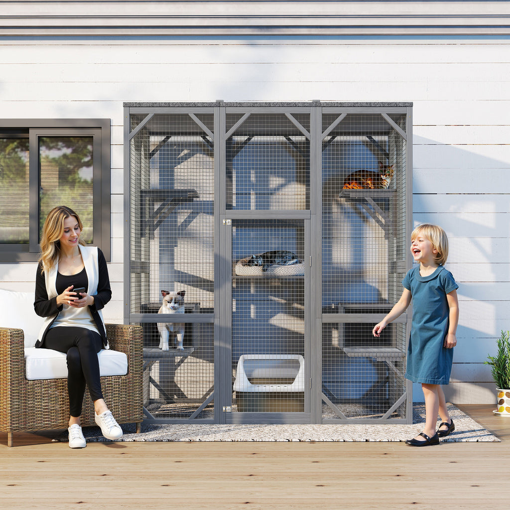 NYBOPAVIS 71" Catio Outdoor Cat Enclosure with 6 Platform, Outdoor Cats Enclosure with Waterproof Cover for Patio, Yard, Graden, Gray