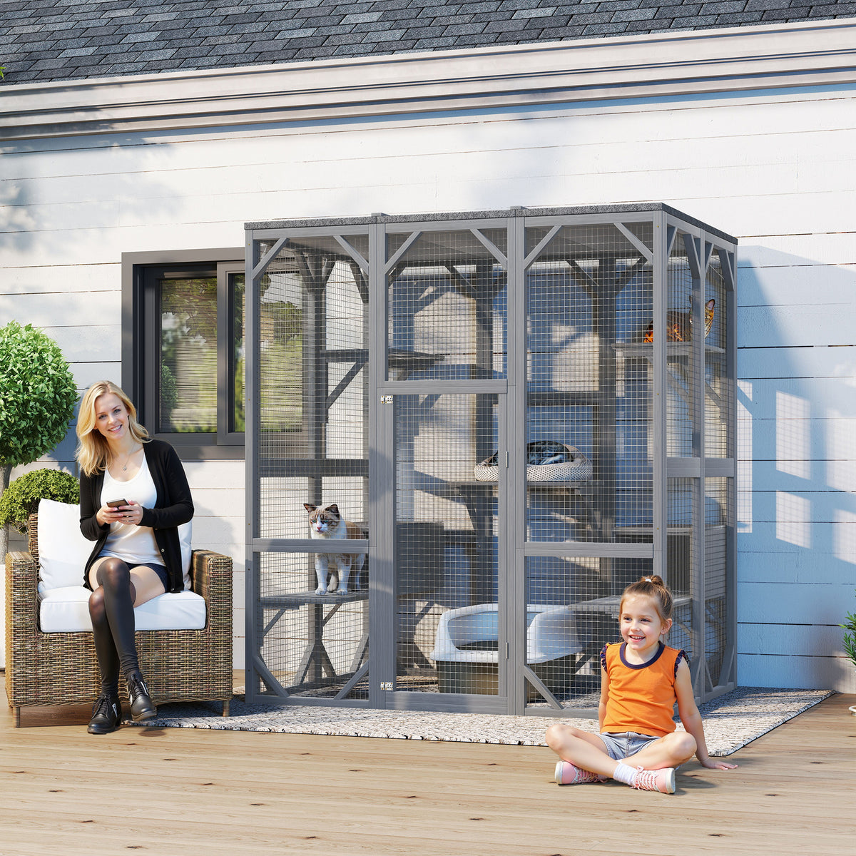 NYBOPAVIS 71" Catio Outdoor Cat Enclosure with 6 Platform, Outdoor Cats Enclosure with Waterproof Cover for Patio, Yard, Graden, Gray