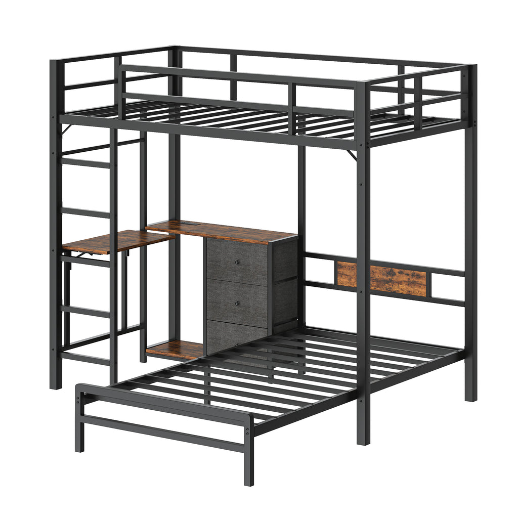Bunk Bed With Folding Table, 3 Storage Drawers, LED Lights, Charging Station, Safety Guardrails & Ladder, Space‑Saving Single Bed Frame