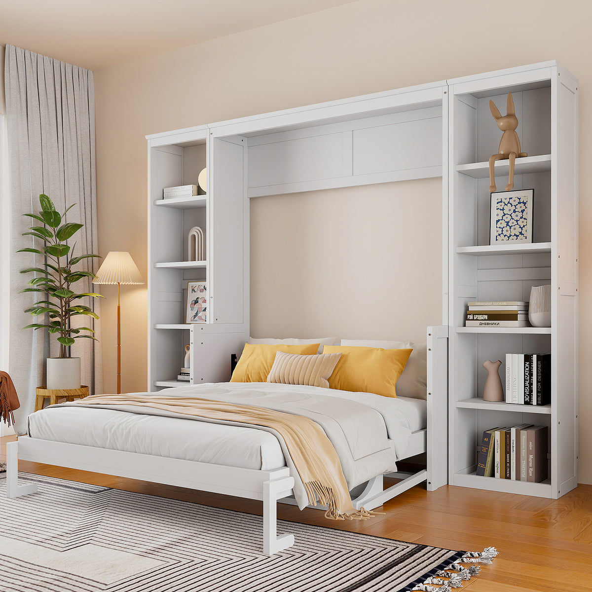 NYBOPAVIS Queen Size Murphy Bed with Vanity Desk & Bookshelf,Space-Saving Hidden Wall Bed for Living Room,White