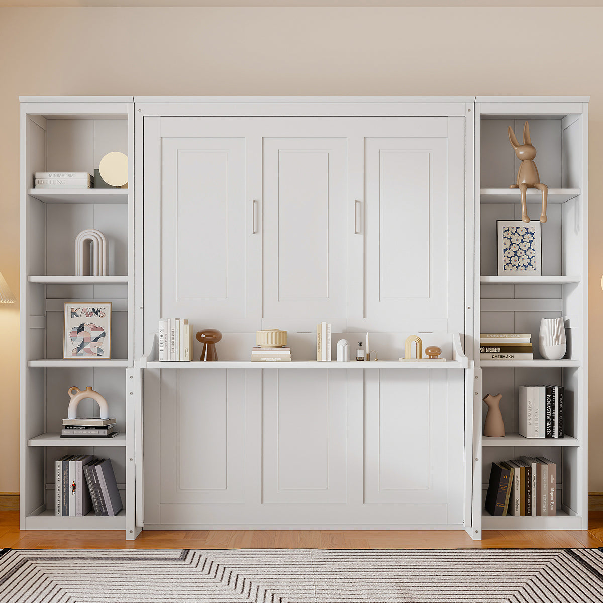 NYBOPAVIS Queen Size Murphy Bed with Vanity Desk & Bookshelf,Space-Saving Hidden Wall Bed for Living Room,White