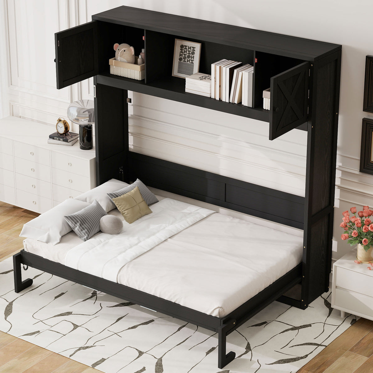 Full Size Murphy Bed with Storage Cabinets,Folding Storage Wall Bed Furniture for Bedroom,Office,Guest Room, Black