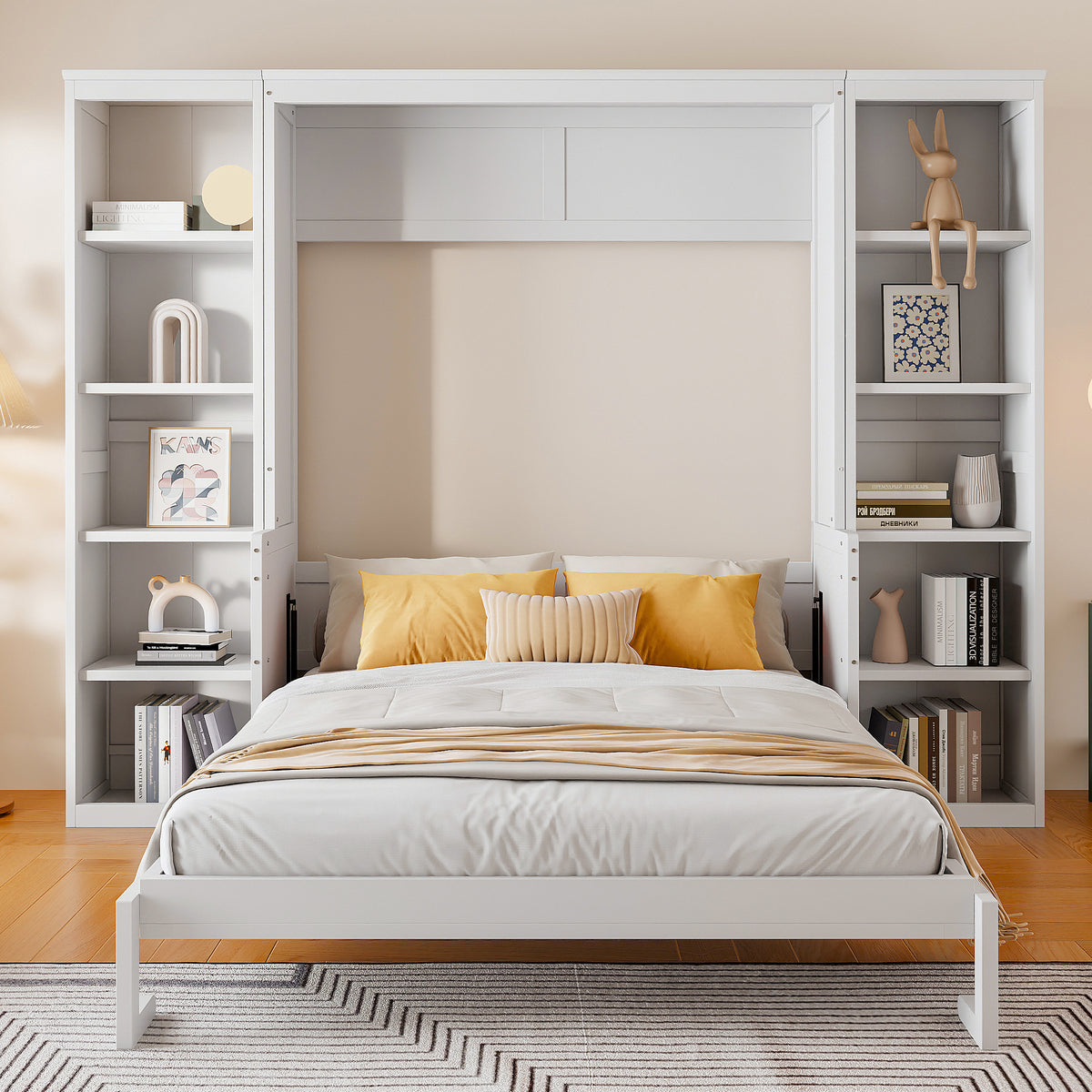 NYBOPAVIS Queen Size Murphy Bed with Vanity Desk & Bookshelf,Space-Saving Hidden Wall Bed for Living Room,White