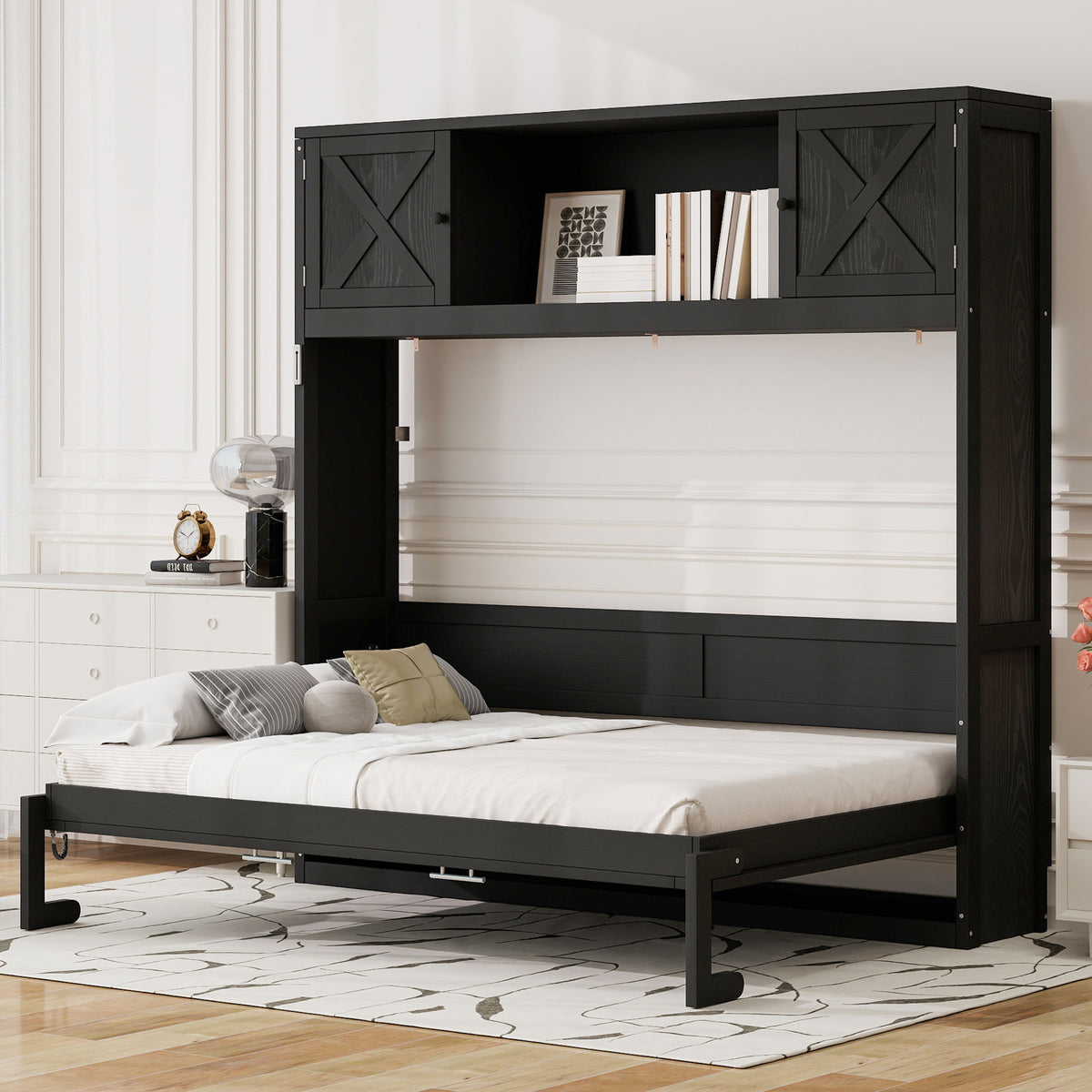 Full Size Murphy Bed with Storage Cabinets,Folding Storage Wall Bed Furniture for Bedroom,Office,Guest Room, Black