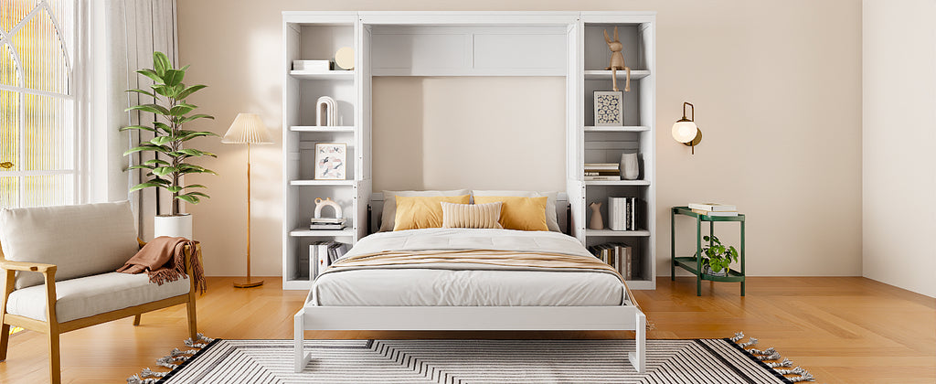 NYBOPAVIS Queen Size Murphy Bed with Vanity Desk & Bookshelf,Space-Saving Hidden Wall Bed for Living Room,White