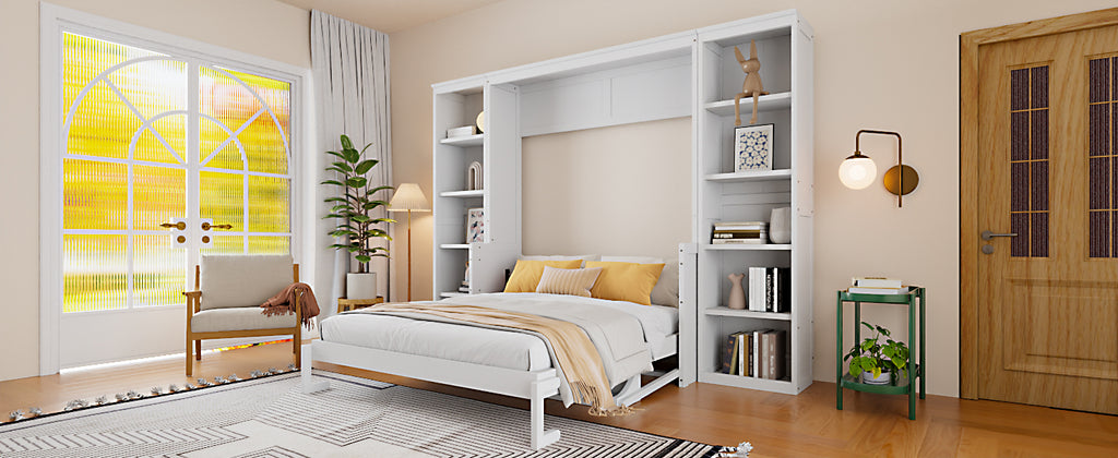 NYBOPAVIS Queen Size Murphy Bed with Vanity Desk & Bookshelf,Space-Saving Hidden Wall Bed for Living Room,White
