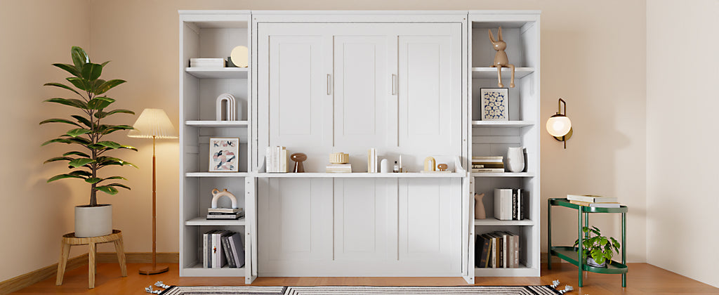 NYBOPAVIS Queen Size Murphy Bed with Vanity Desk & Bookshelf,Space-Saving Hidden Wall Bed for Living Room,White