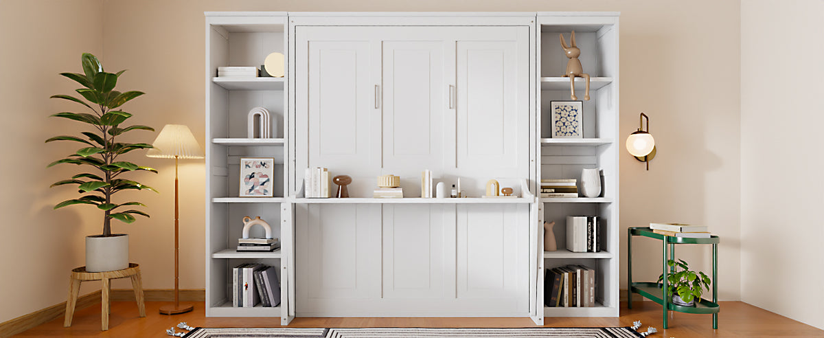 NYBOPAVIS Queen Size Murphy Bed with Vanity Desk & Bookshelf,Space-Saving Hidden Wall Bed for Living Room,White