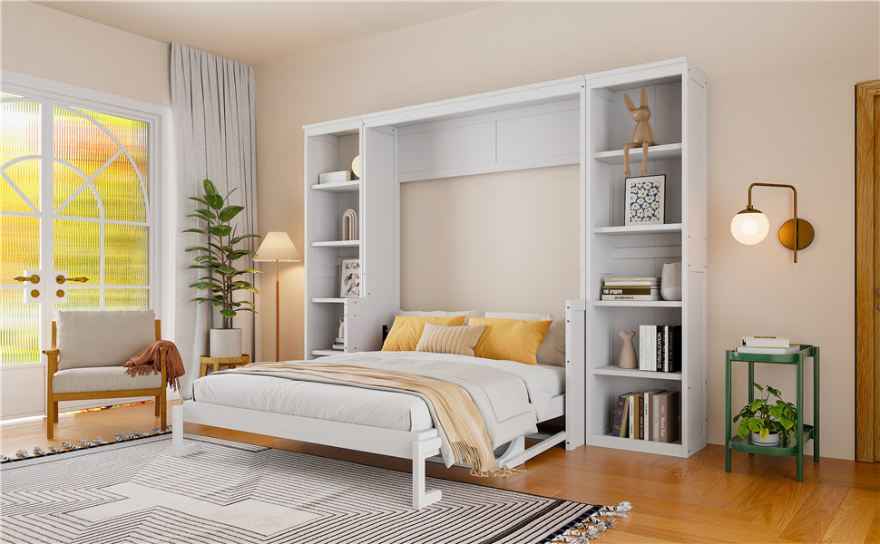 NYBOPAVIS Queen Size Murphy Bed with Vanity Desk & Bookshelf,Space-Saving Hidden Wall Bed for Living Room,White