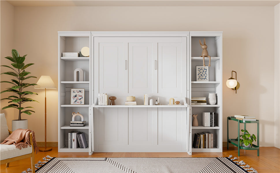 NYBOPAVIS Queen Size Murphy Bed with Vanity Desk & Bookshelf,Space-Saving Hidden Wall Bed for Living Room,White