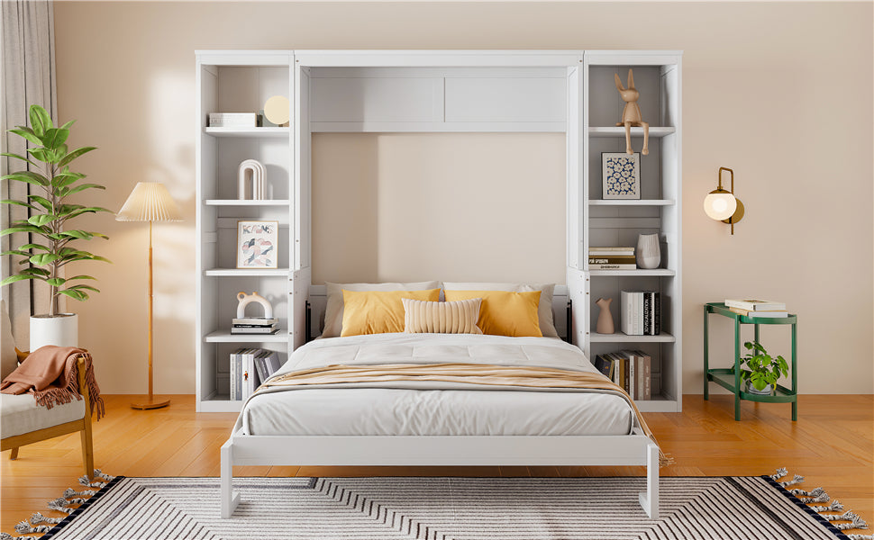 NYBOPAVIS Queen Size Murphy Bed with Vanity Desk & Bookshelf,Space-Saving Hidden Wall Bed for Living Room,White