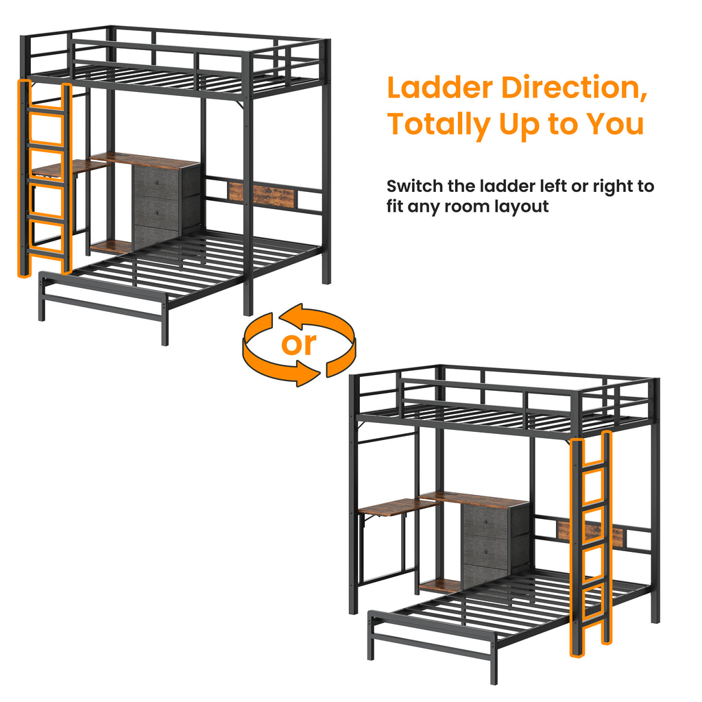 Bunk Bed With Folding Table, 3 Storage Drawers, LED Lights, Charging Station, Safety Guardrails & Ladder, Space‑Saving Single Bed Frame