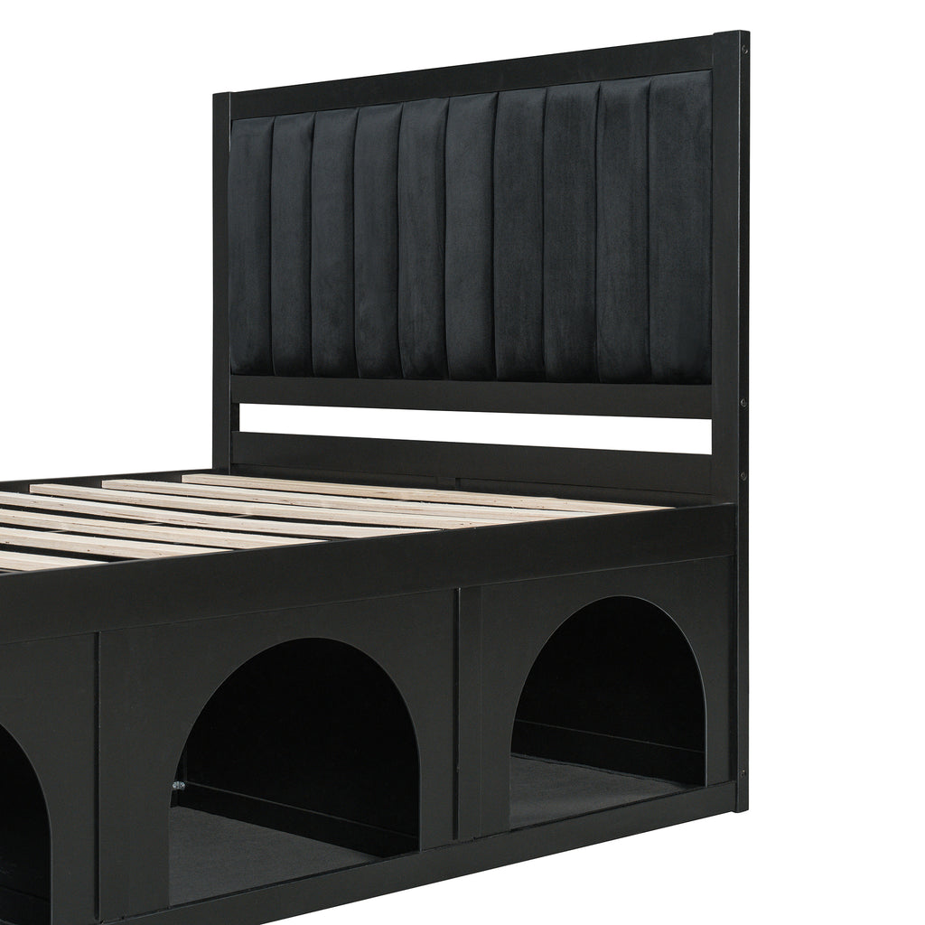 NYBOPAVIS Full Size Bed Frame with Nook & Storage,Upholstered Platform Bed for Bedroom,Office,Guest Room, Black