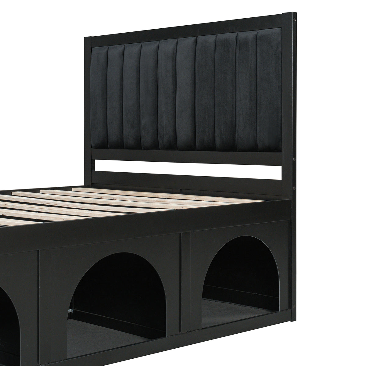 NYBOPAVIS Full Size Bed Frame with Nook & Storage,Upholstered Platform Bed for Bedroom,Office,Guest Room, Black