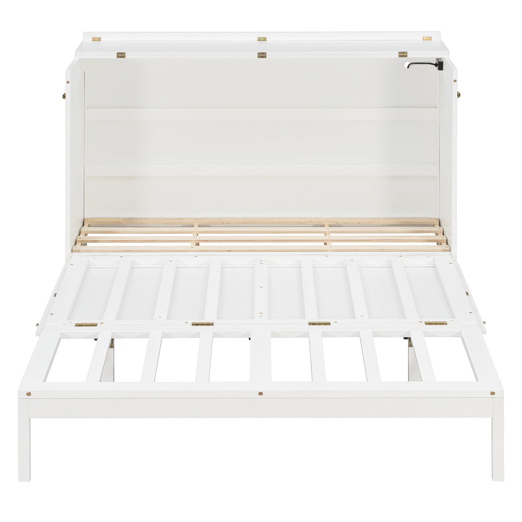 Queen Size Murphy Beds with drawer & USB Ports,Folding Storage Wall Bed Furniture for Bedroom,Office,Guest Room,White