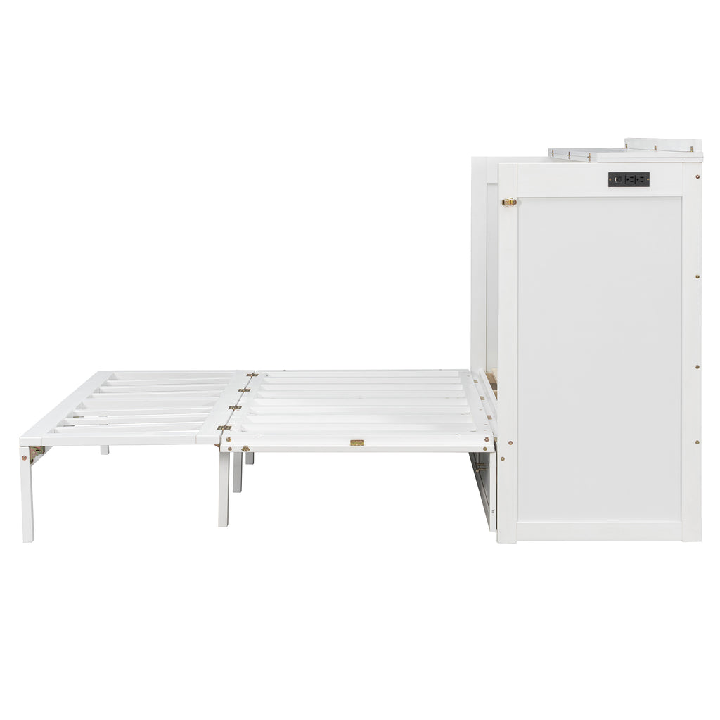 Queen Size Murphy Beds with drawer & USB Ports,Folding Storage Wall Bed Furniture for Bedroom,Office,Guest Room,White