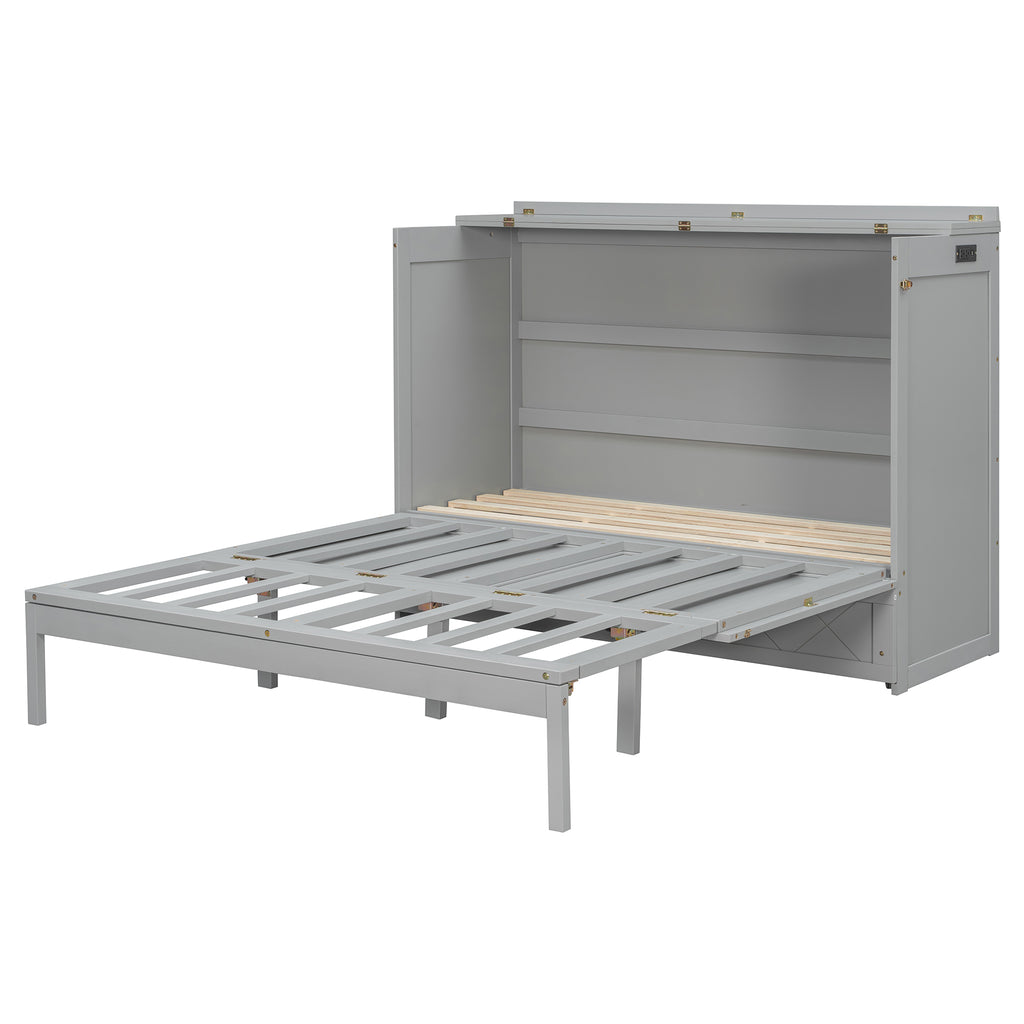 Queen Size Murphy Beds with drawer & USB Ports,Folding Storage Wall Bed Furniture for Bedroom,Office,Guest Room, Gray
