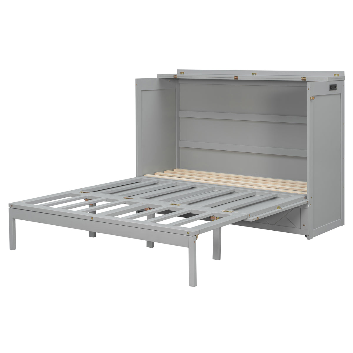 Queen Size Murphy Beds with drawer & USB Ports,Folding Storage Wall Bed Furniture for Bedroom,Office,Guest Room, Gray