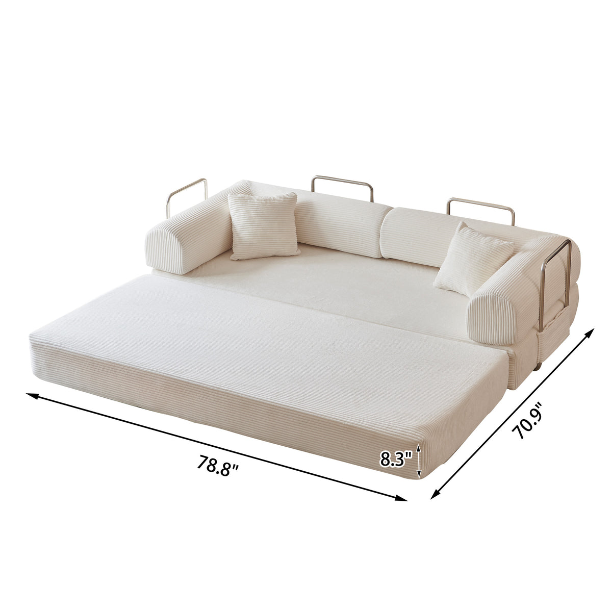 Compressed Convertible Floor Sofa Bed, Boneless Modular Sectional Futon Couch with Pillow Back & Armrest, Corduroy Fabric Loveseat for Living Room Bedroom, White