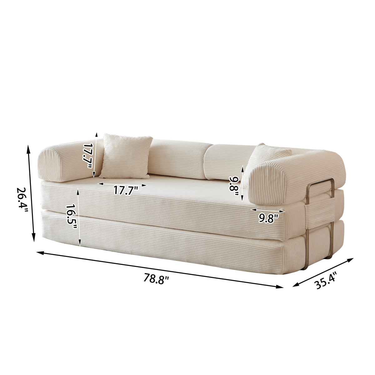 Compressed Convertible Floor Sofa Bed, Boneless Modular Sectional Futon Couch with Pillow Back & Armrest, Corduroy Fabric Loveseat for Living Room Bedroom, White