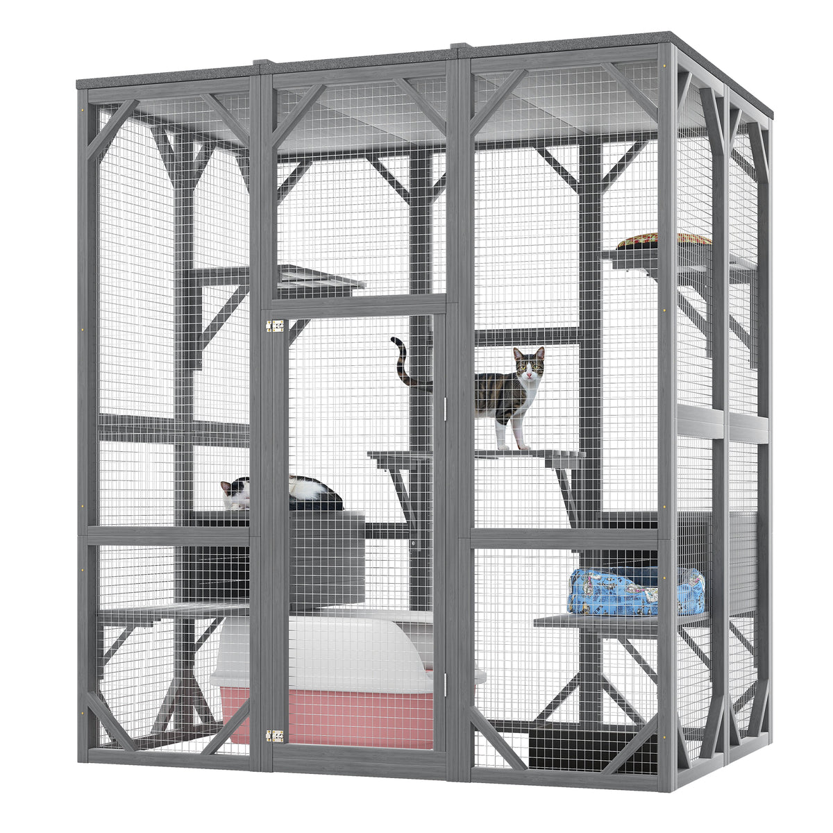 NYBOPAVIS 71" Catio Outdoor Cat Enclosure with 6 Platform, Outdoor Cats Enclosure with Waterproof Cover for Patio, Yard, Graden, Gray