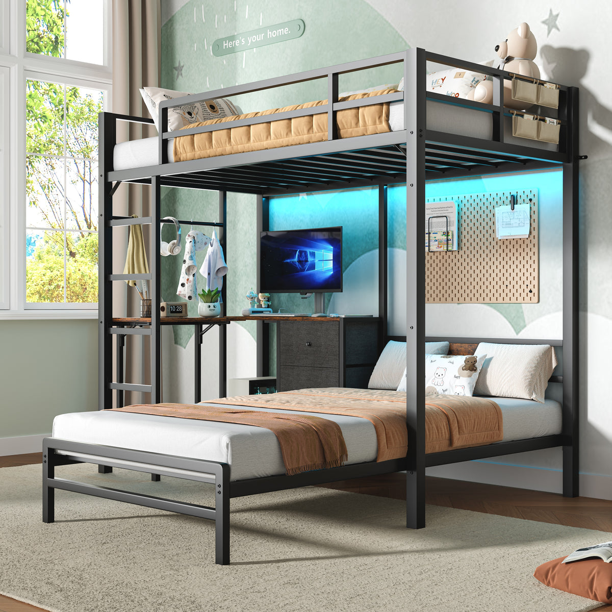 Bunk Bed With Folding Table, 3 Storage Drawers, LED Lights, Charging Station, Safety Guardrails & Ladder, Space‑Saving Single Bed Frame
